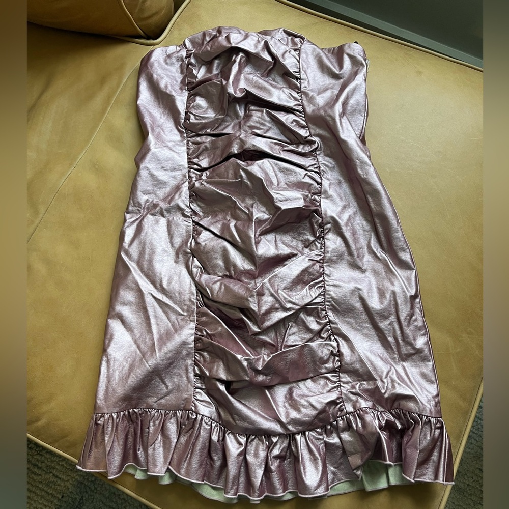 Shiny Pink Pleather Strapless Mini Dress